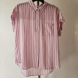 Women's LOLA RIVER Pink & White Striped Button Down Shirt M
